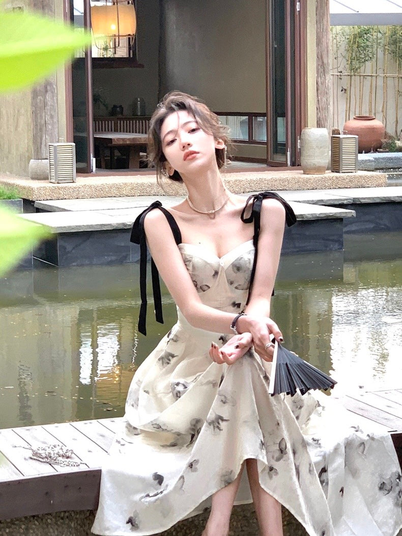 【XS~L】リボン水彩画ワンピースドレス