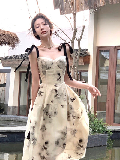 【XS~L】リボン水彩画ワンピースドレス