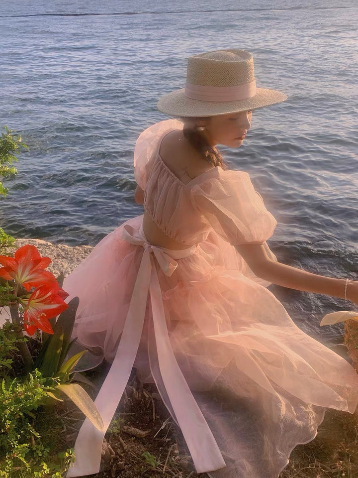 sismetry back ribbon puff dress オレンジ sismetry back ribbon puff dress オレンジ