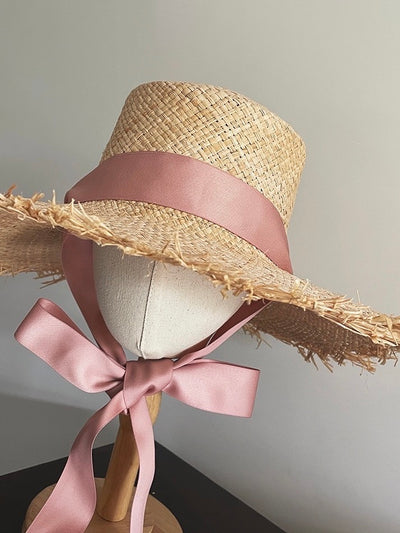 [M,XL] Pink satin ribbon straw hat