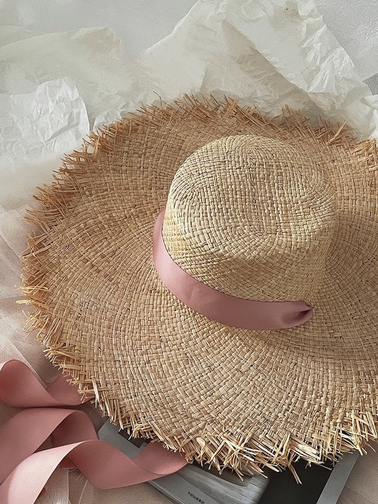 [M,XL] Pink satin ribbon straw hat