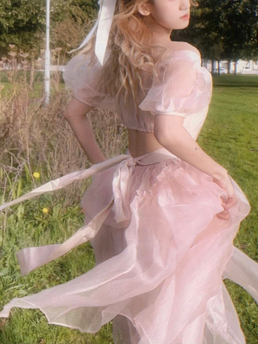 S~XL] Back Ribbon Organza Puff Sleeve One Piece Dress