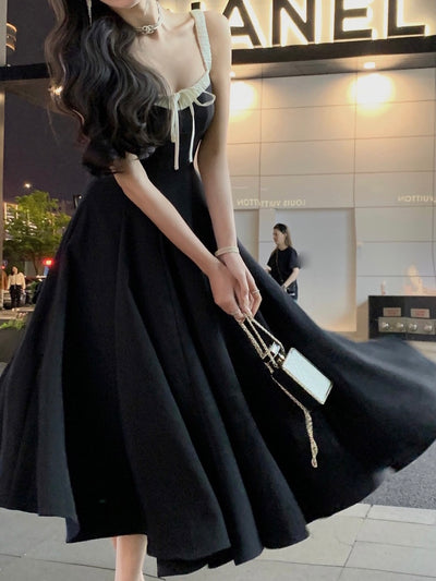 【XS~L】(ブラック)バイカラーリボンボリューミーSKワンピースドレス