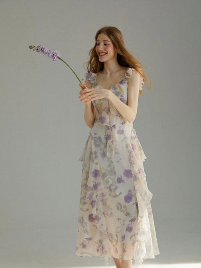 【S~L】フレンチスリング花柄ワンピースドレス