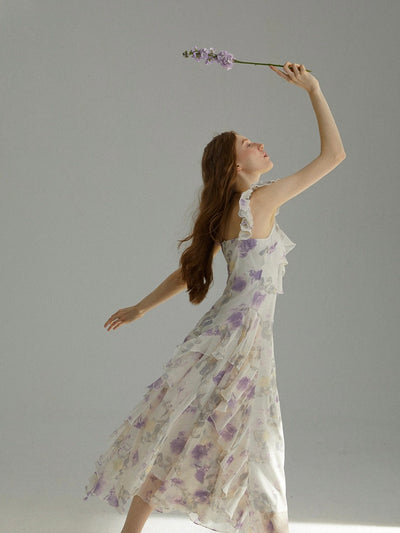 【S~L】フレンチスリング花柄ワンピースドレス