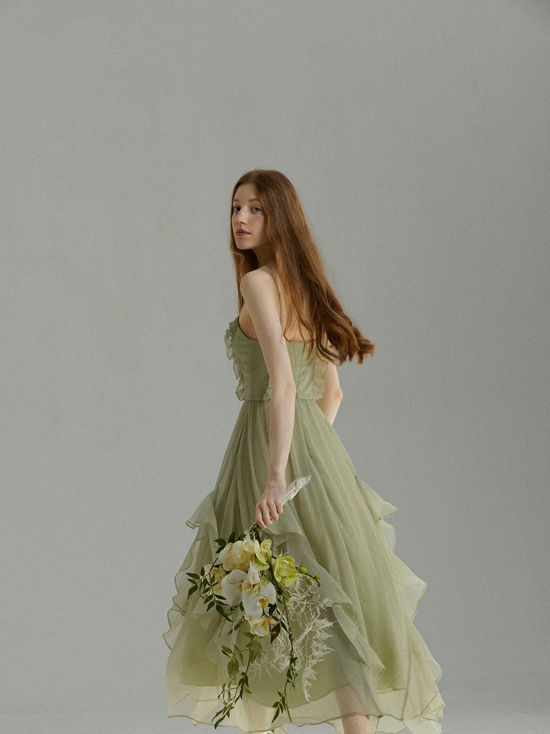 【S~L】緑のサスペンダーワンピースドレス