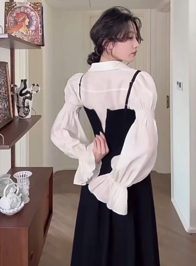 [XS~L] Suspender dress blouse SET
