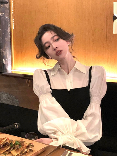 [XS~L] Suspender dress blouse SET