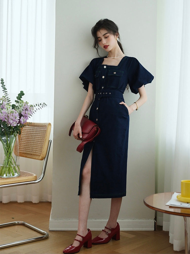 S~L】PUFF SLEEVE DENIM ONE-PIECE / パフスリーブデニム