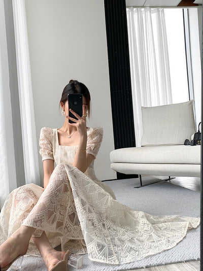 [S~L] Total lace square neck dress