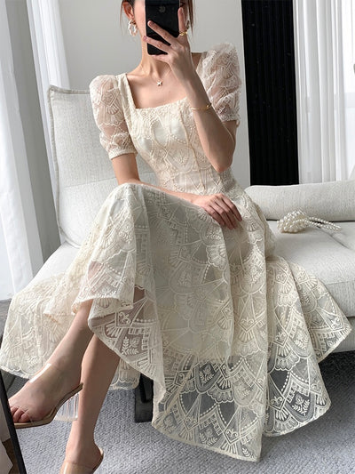 [S~L] Total lace square neck dress
