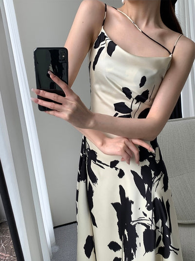 [S~L] Ink Pattern Satin Cami Dress