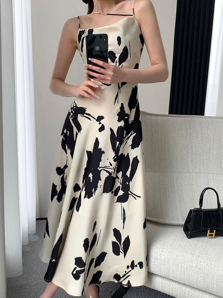 [S~L] Ink Pattern Satin Cami Dress