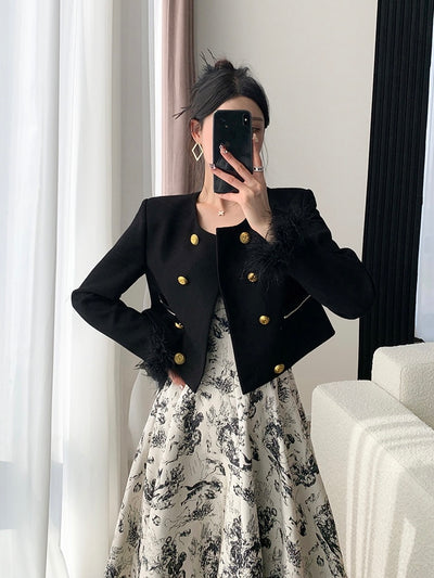 [S~L] Feather gold button tweed short length jacket