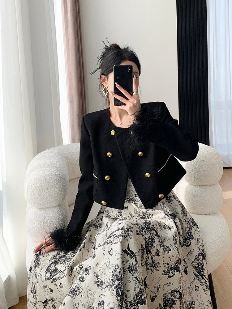 [S~L] Feather gold button tweed short length jacket