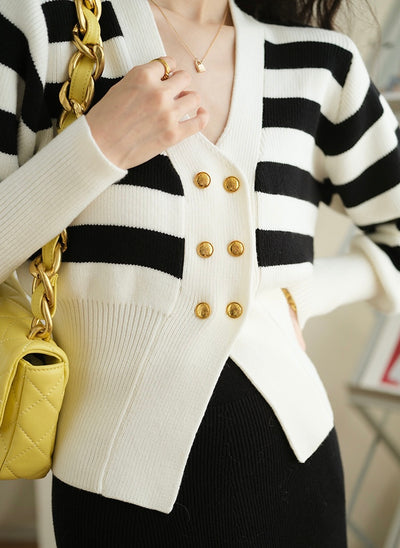 [S~M] Striped gold button cardigan