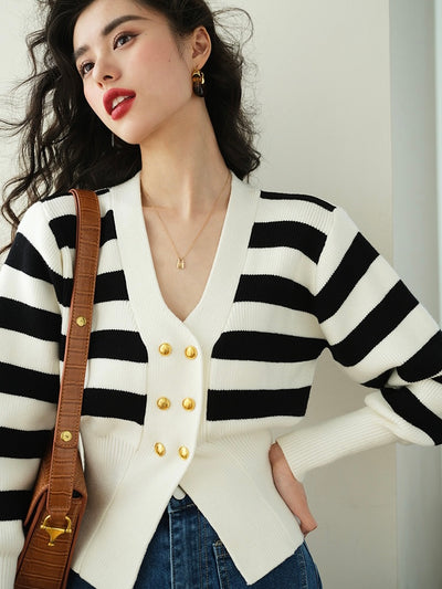 [S~M] Striped gold button cardigan