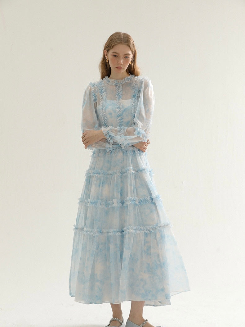 [S~L] Floral chiffon lace dress with inner dress 2 piece set
