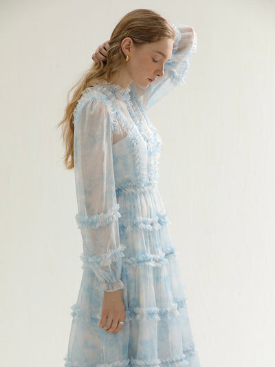 [S~L] Floral chiffon lace dress with inner dress 2 piece set
