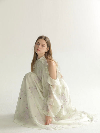 [S~L] Floral print open shoulder blouse &amp; skirt setup