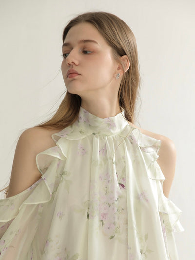[S~L] Floral print open shoulder blouse &amp; skirt setup