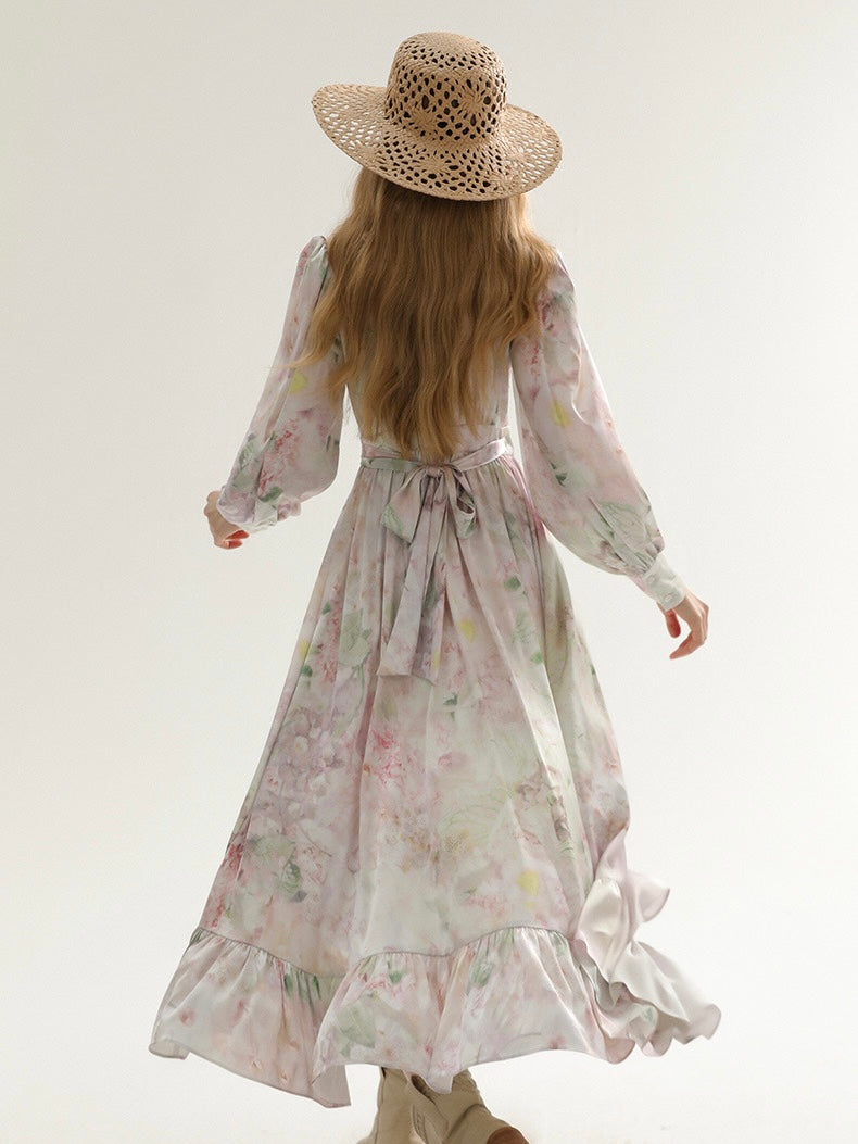 [S~L] Frilled floral print robe st dress