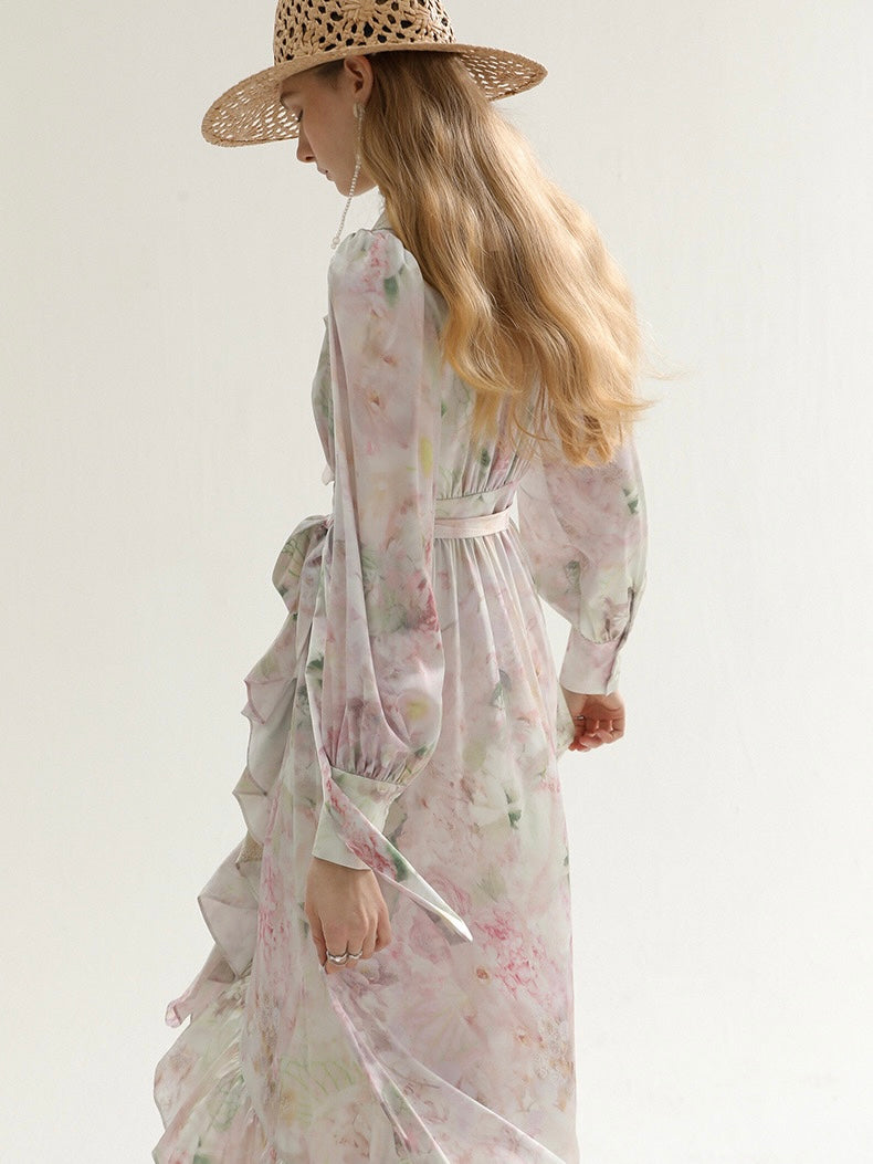 [S~L] Frilled floral print robe st dress