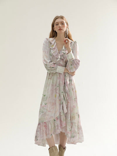 [S~L] Frilled floral print robe st dress