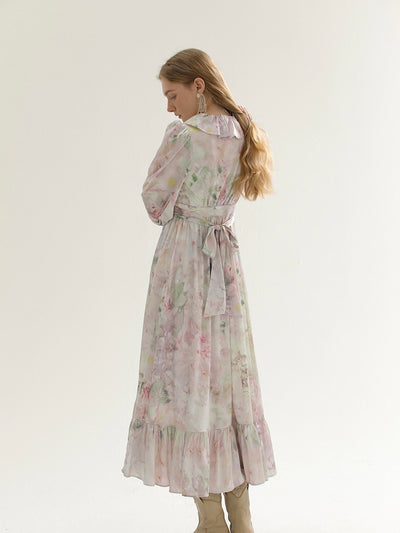 [S~L] Frilled floral print robe st dress