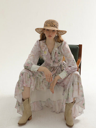 [S~L] Frilled floral print robe st dress