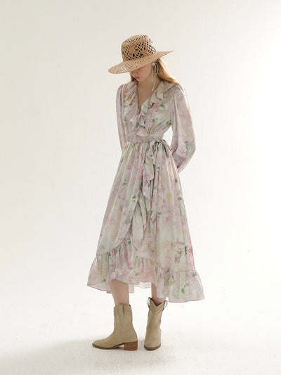 [S~L] Frilled floral print robe st dress