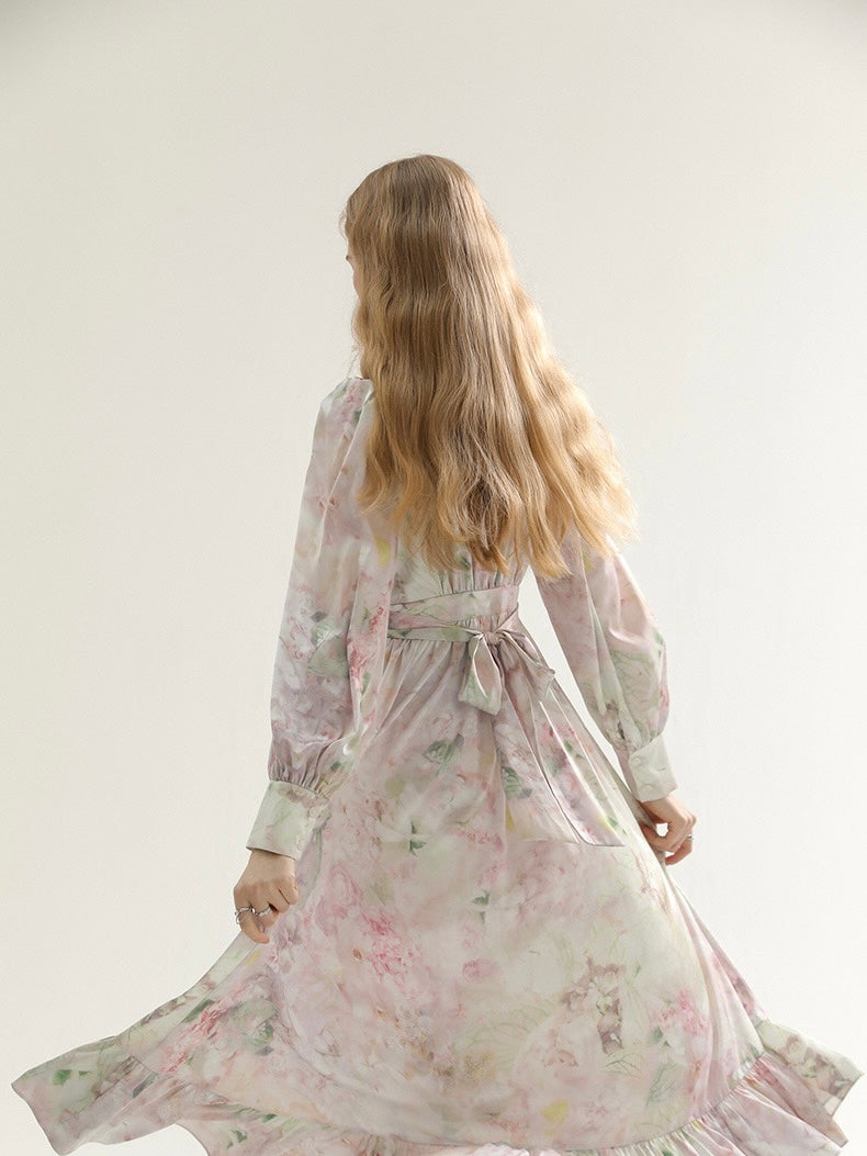 [S~L] Frilled floral print robe st dress