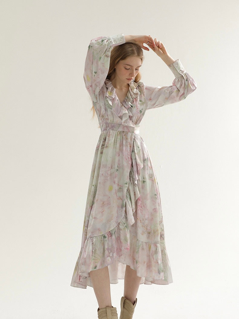 [S~L] Frilled floral print robe st dress