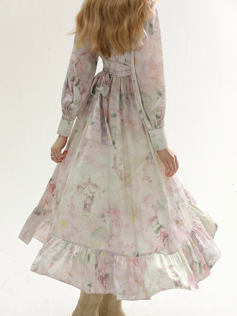 [S~L] Frilled floral print robe st dress