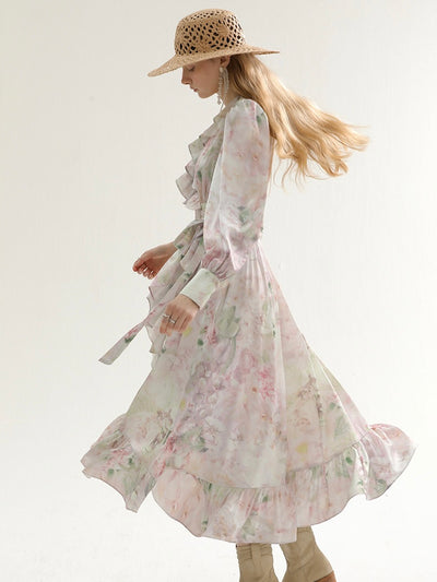 [S~L] Frilled floral print robe st dress