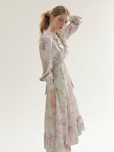 [S~L] Frilled floral print robe st dress