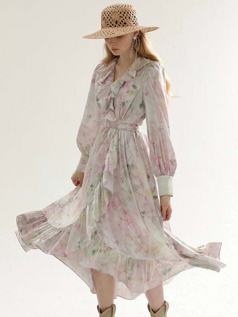 [S~L] Frilled floral print robe st dress