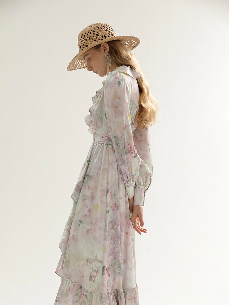 [S~L] Frilled floral print robe st dress