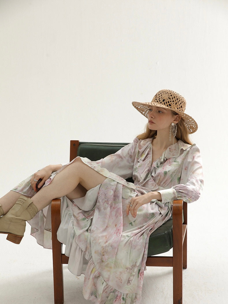 [S~L] Frilled floral print robe st dress