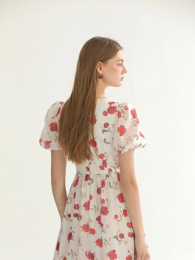 [S~L] Vintage rose square neck dress