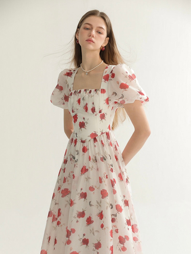 [S~L] Vintage rose square neck dress