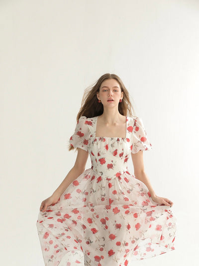 [S~L] Vintage rose square neck dress