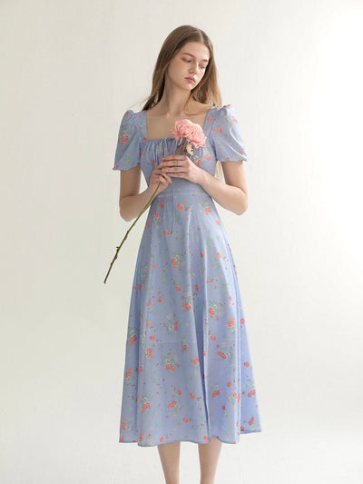 [S~L] Square Neck Flower Pattern Babydoll Dress